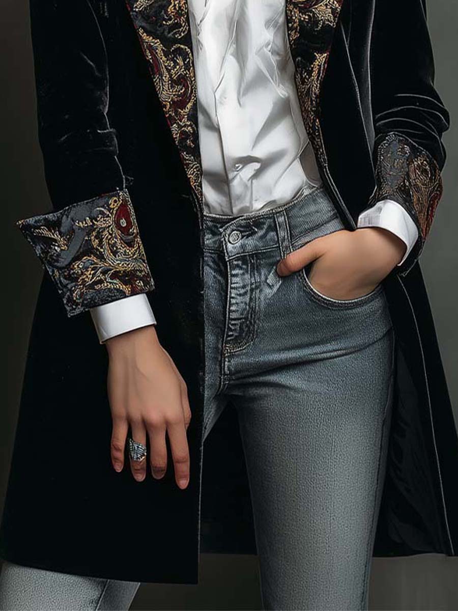 Blazer Slim Fit Negro con Revers y Estampado Barroco