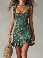 Manuela Vestido Mini Bohemio Verde con Estampado y Volantes