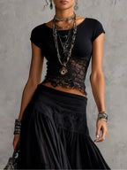 Vega Conjunto de Top de Encaje Negro Semitransparente y Falda Maxi Plisada