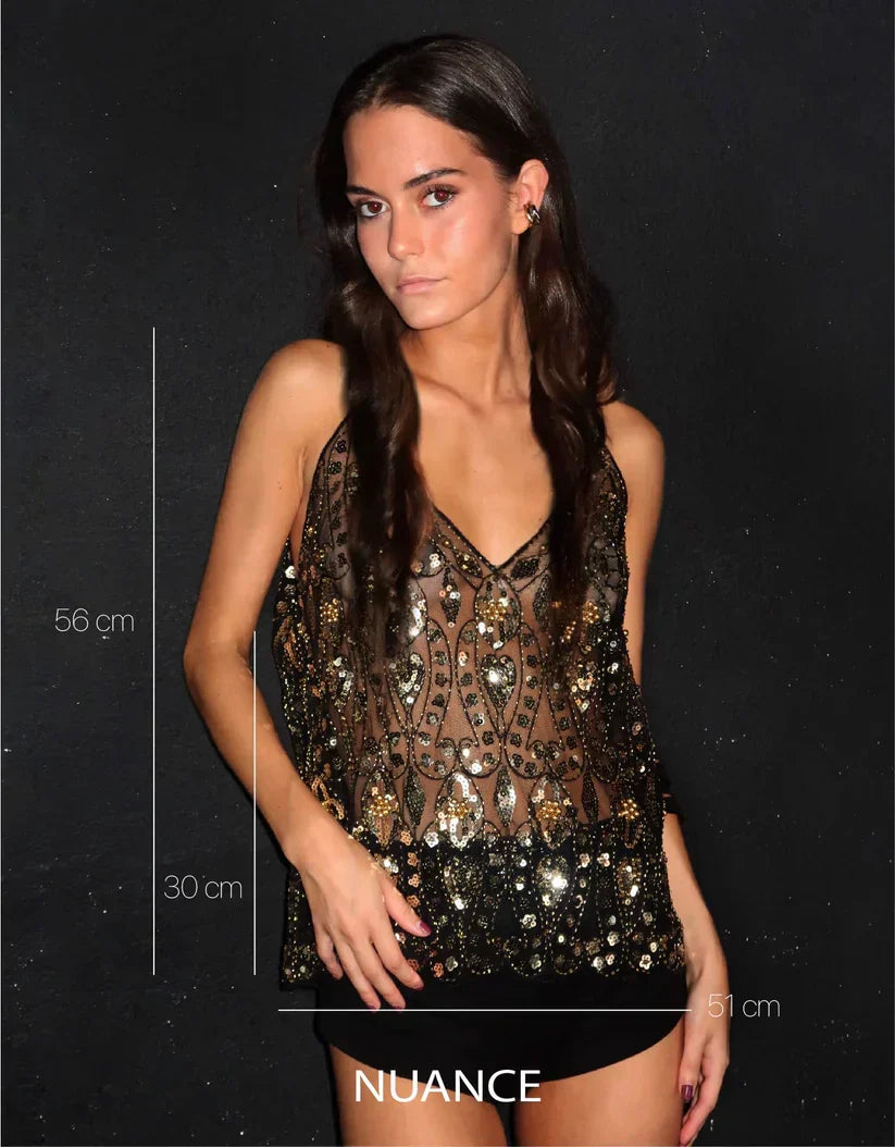 Mireia | Top glamuroso con tirantes finos y detalles brillantes ajustado