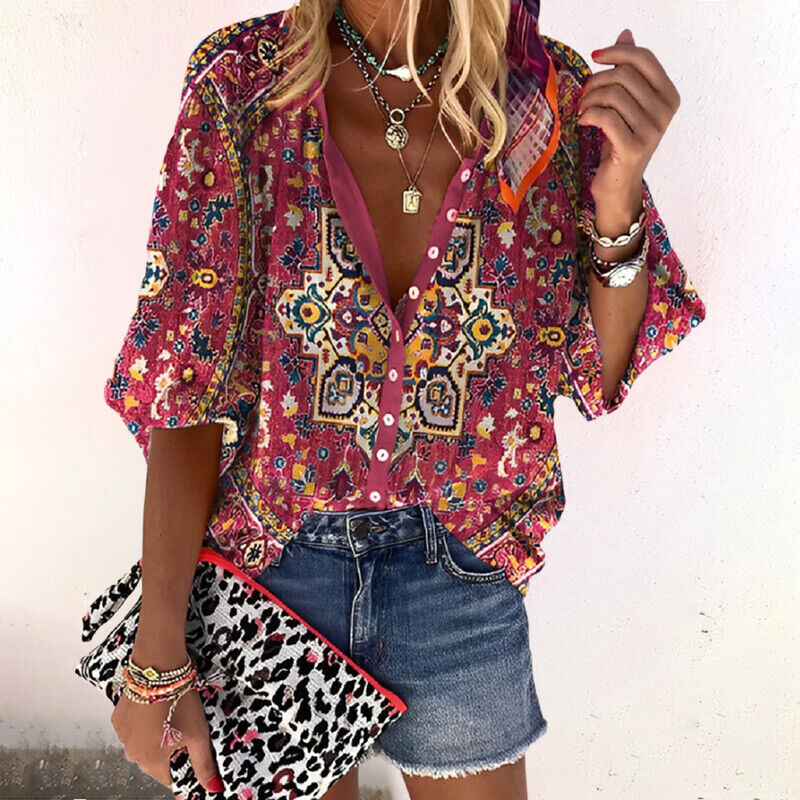 María | Mujer blusa bohemia con estampado floral y manga corta suelta