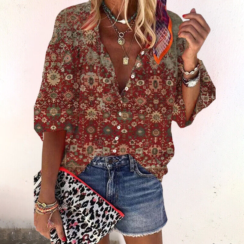 María | Mujer blusa bohemia con estampado floral y manga corta suelta