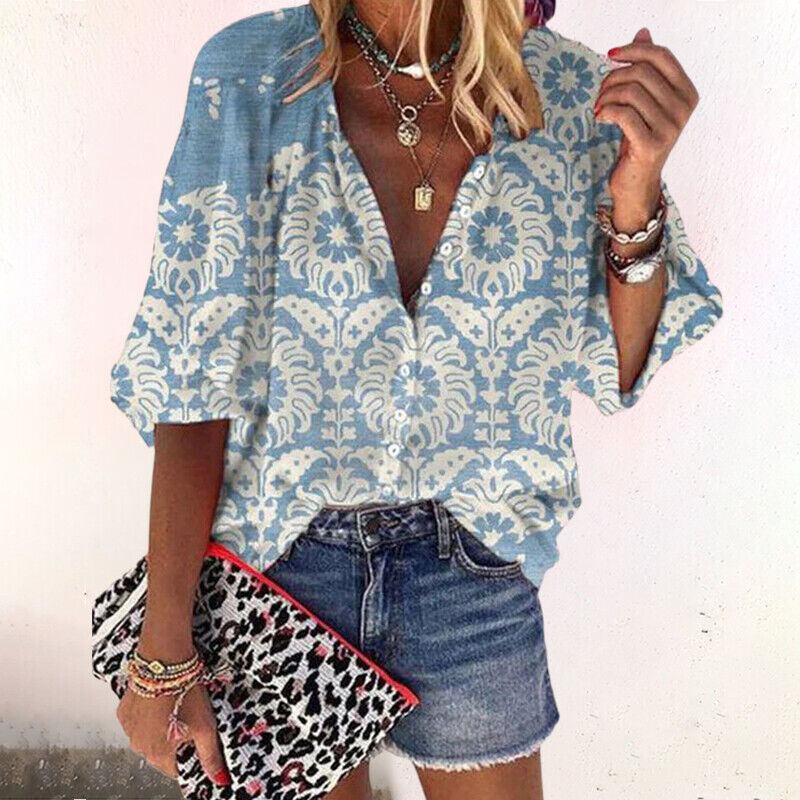 María | Mujer blusa bohemia con estampado floral y manga corta suelta