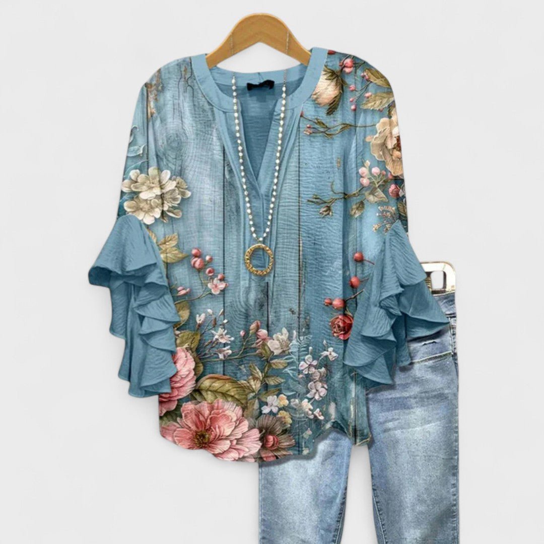 Violeta | Blusa floral para mujer con mangas de volantes y escote en V