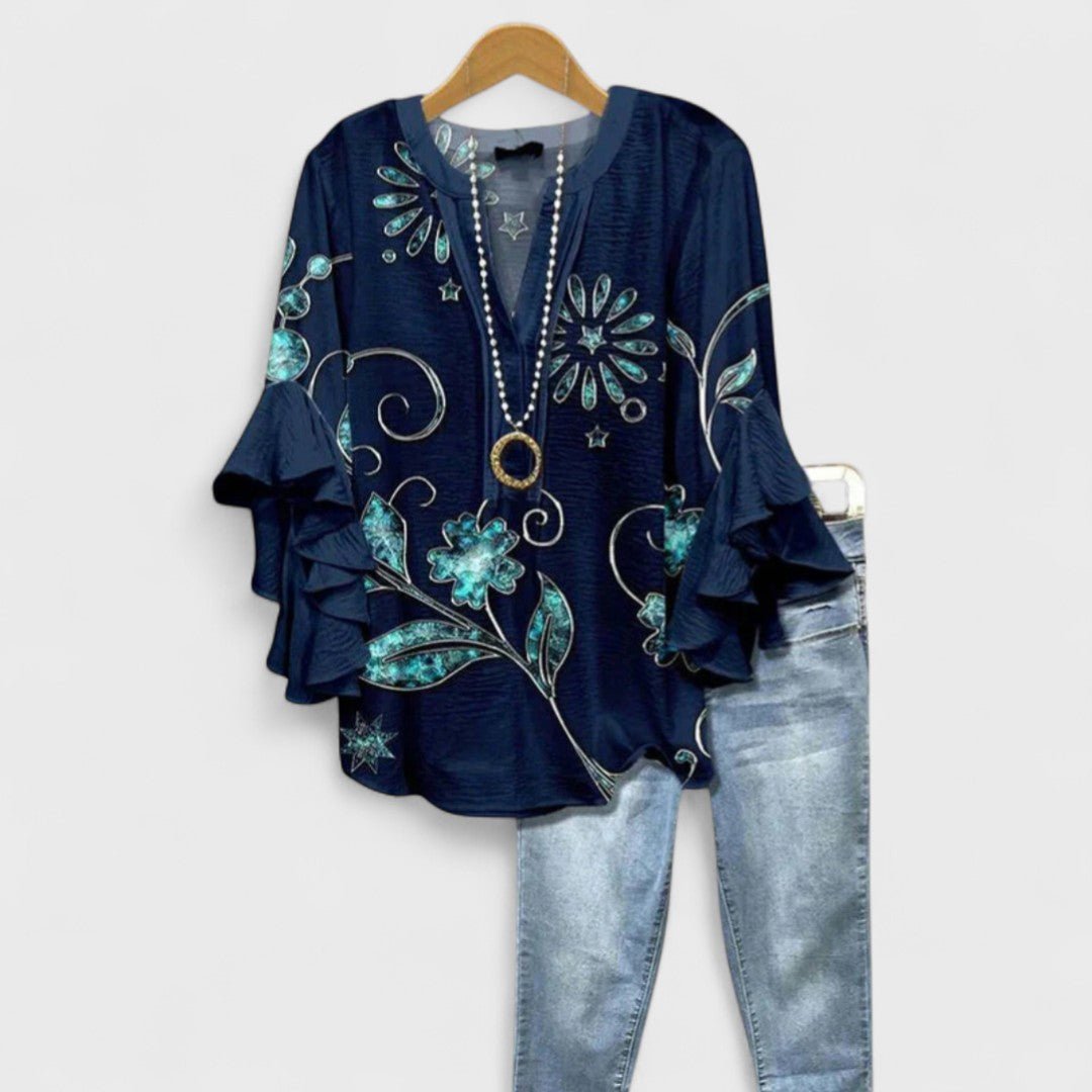 Violeta | Blusa floral para mujer con mangas de volantes y escote en V