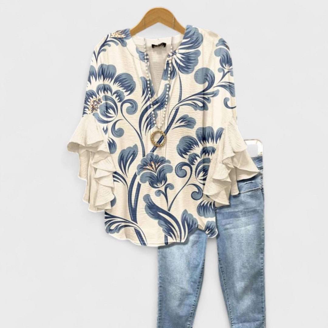Violeta | Blusa floral para mujer con mangas de volantes y escote en V