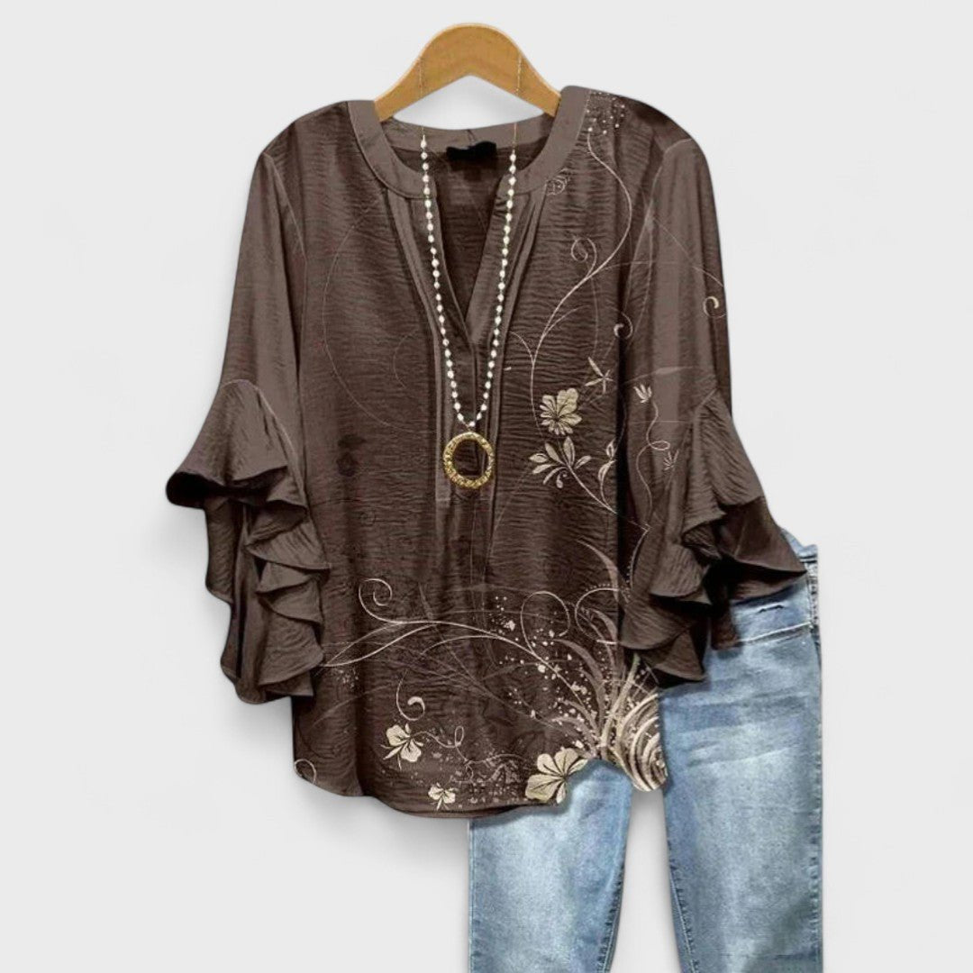 Violeta | Blusa floral para mujer con mangas de volantes y escote en V