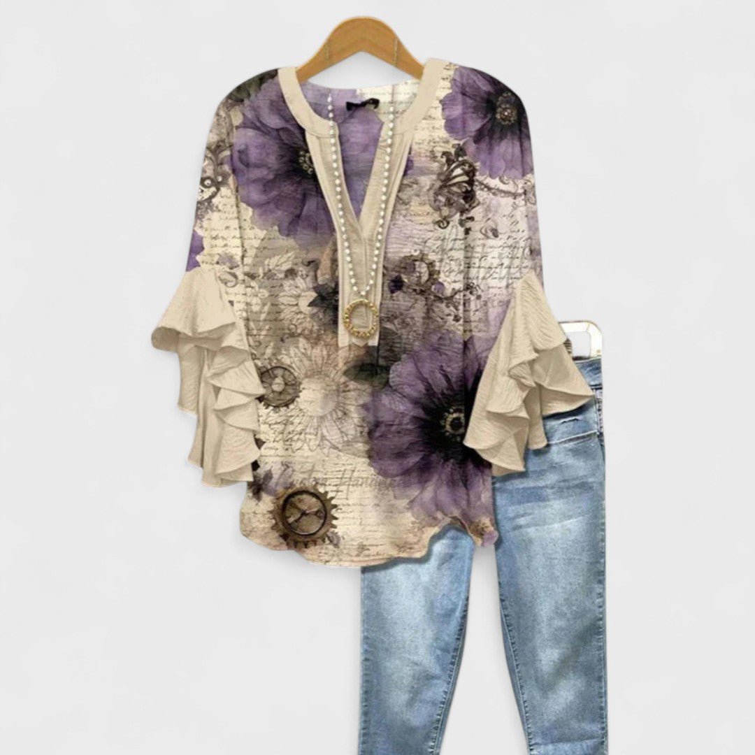 Violeta | Blusa floral para mujer con mangas de volantes y escote en V