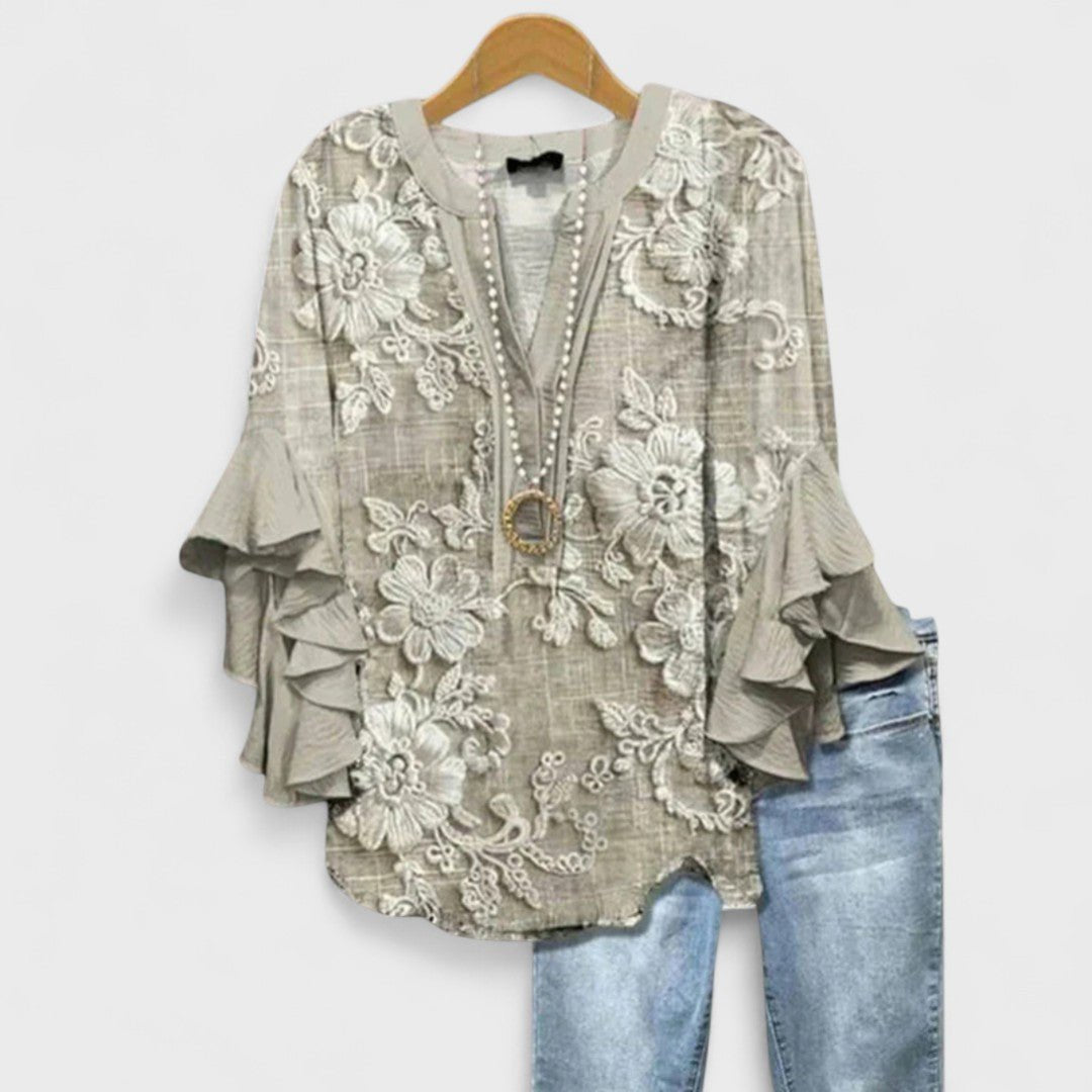 Violeta | Blusa floral para mujer con mangas de volantes y escote en V