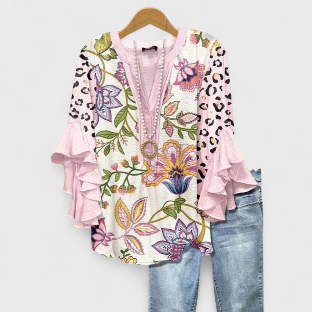 Violeta | Blusa floral para mujer con mangas de volantes y escote en V